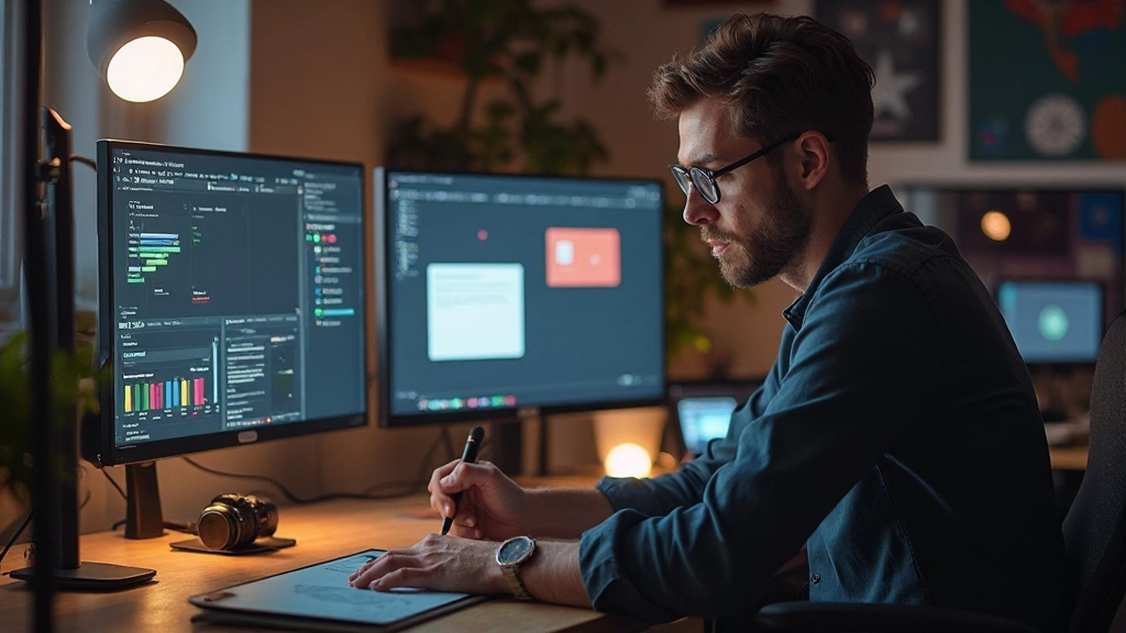 Designer werkend aan component library op grafisch tablet met stylus pen in moderne studio