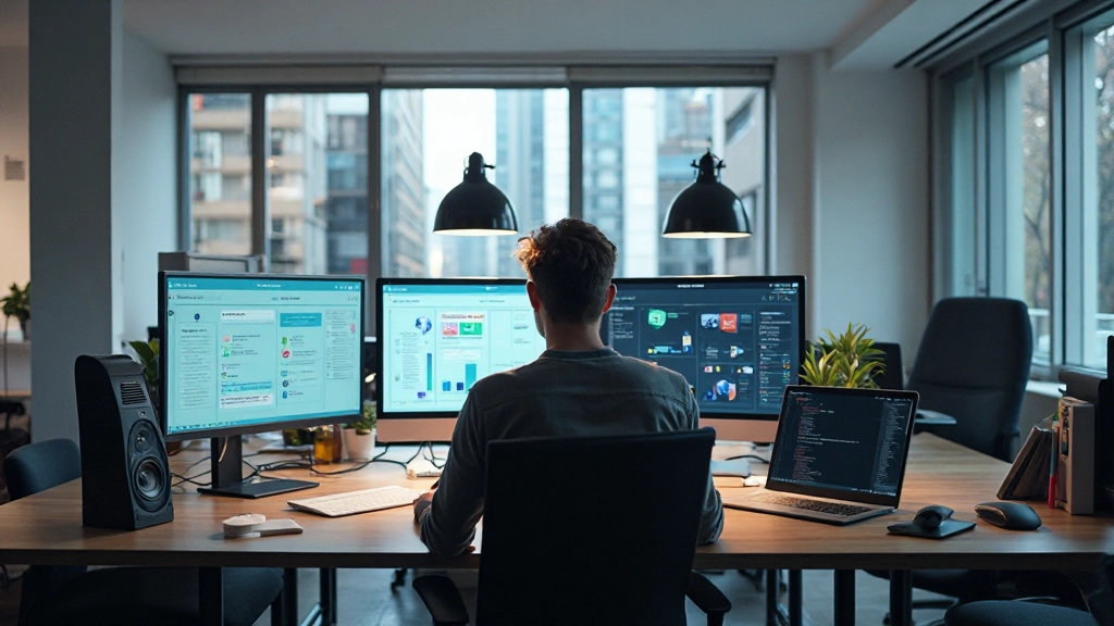 Modern design workspace met monitors, design systeem architectuur zichtbaar op schermen, designer werkend met design tokens