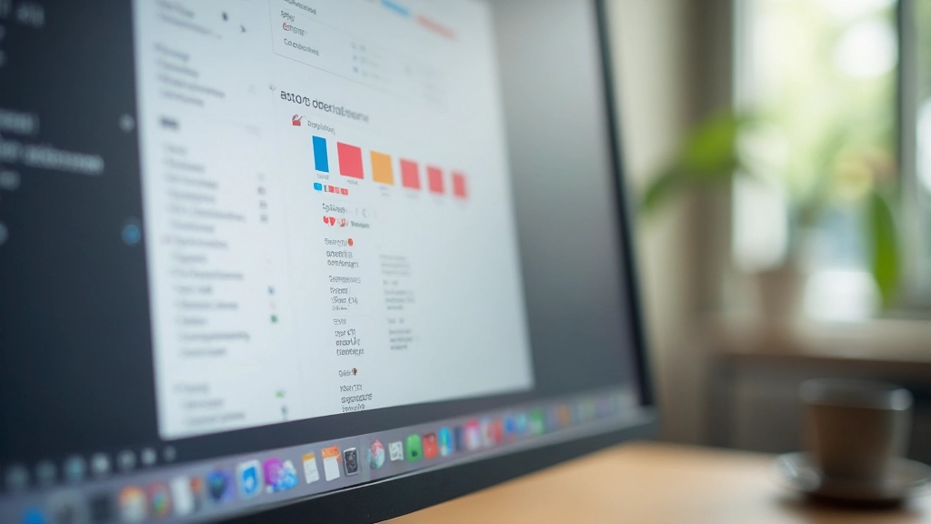 Component library documentatie op monitor, kleurpalette en component specs duidelijk zichtbaar, moderne interface design